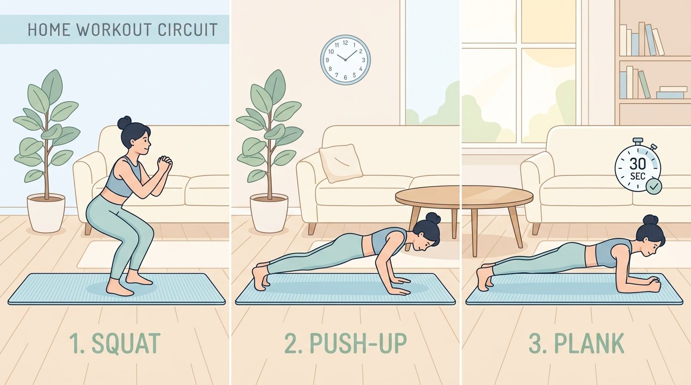 A home workout routine for beginners doesn't need to be complicated to be effective. With a short warm-up, a simple bodyweight circuit, and a consistent schedule, you can build real strength and stamina without ever stepping into a gym. Start small, stay consistent, and let your routine grow with you.